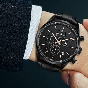 Men Cheetah Waterproof Quartz Chronograph Sport Wristwatch Black Leather Band